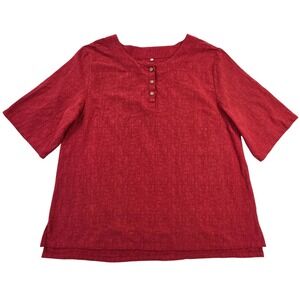 Red Linen Cotton Textured Henley Top Short Sleeve EUC H-1811 XL‎ Womens Coastal